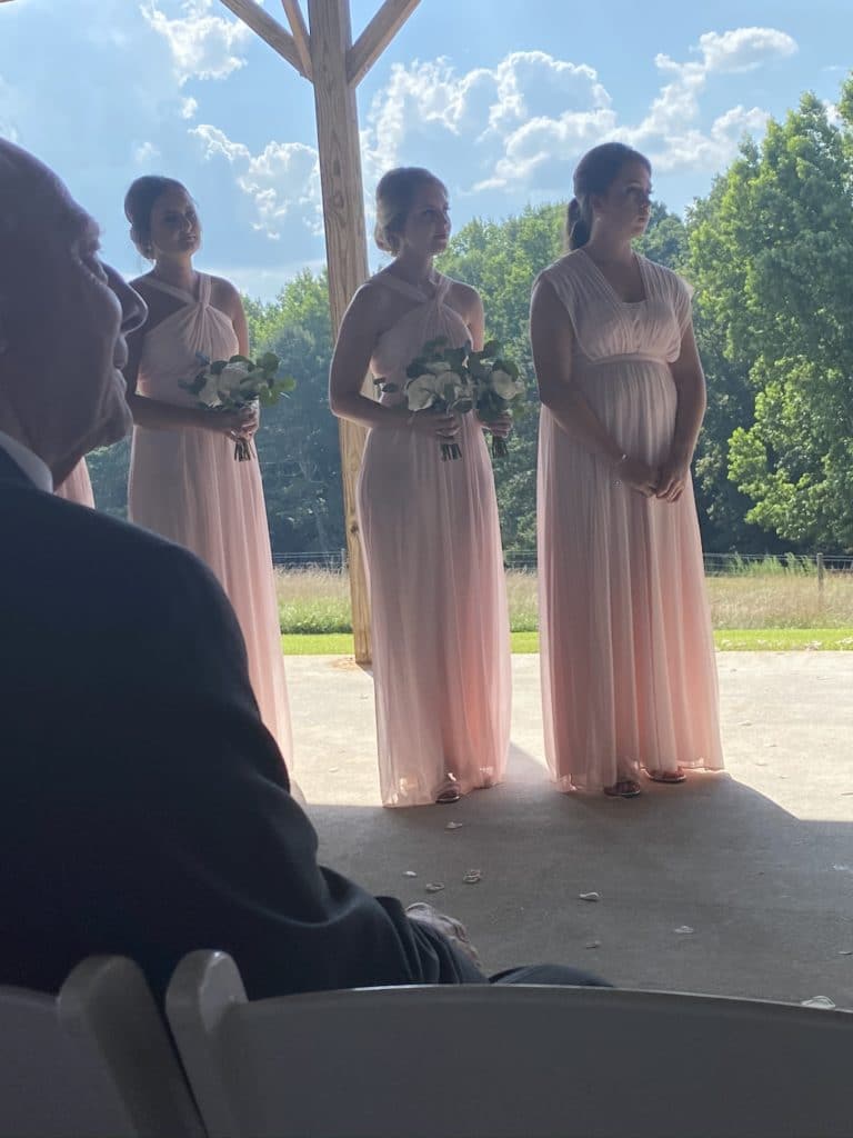 Bridemaids in blush colored gowns